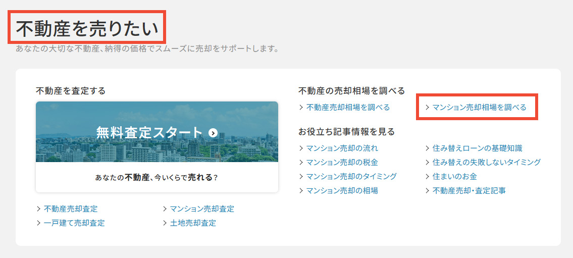 【手順2】不動産を売りたいの「マンション売却相場を調べる」をクリック